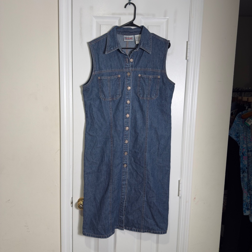 Bill Blass Jeans Denim Button Front Midi Dress Sleeveless Vintage Style Size L